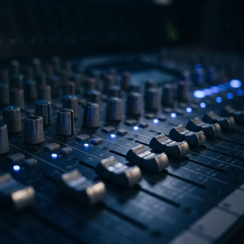 Audio mixing-console faders in blue light
