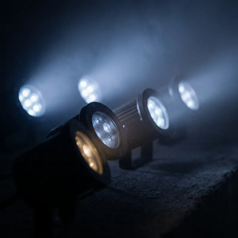 LED uplights glowing through light haze