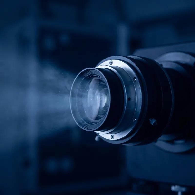 Projector lens casting a beam in a dark room