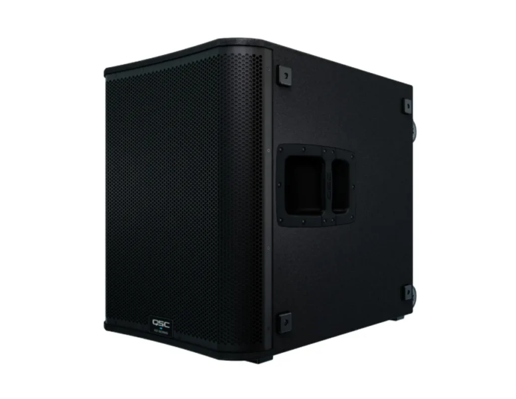 QSC KS118 powered subwoofer, front three-quarter view with side handle