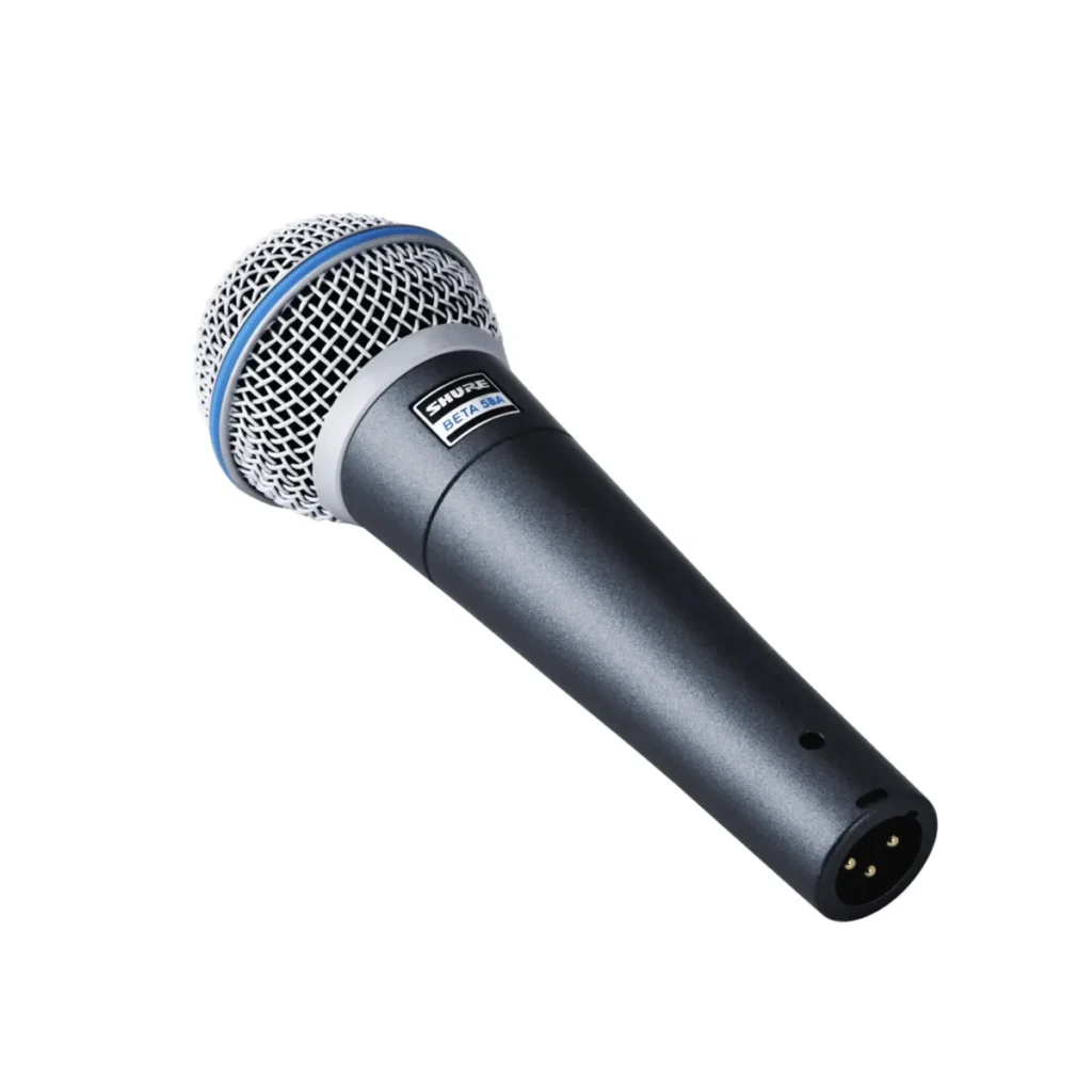 Shure Beta 58A dynamic vocal microphone, angled view showing grille and XLR connector