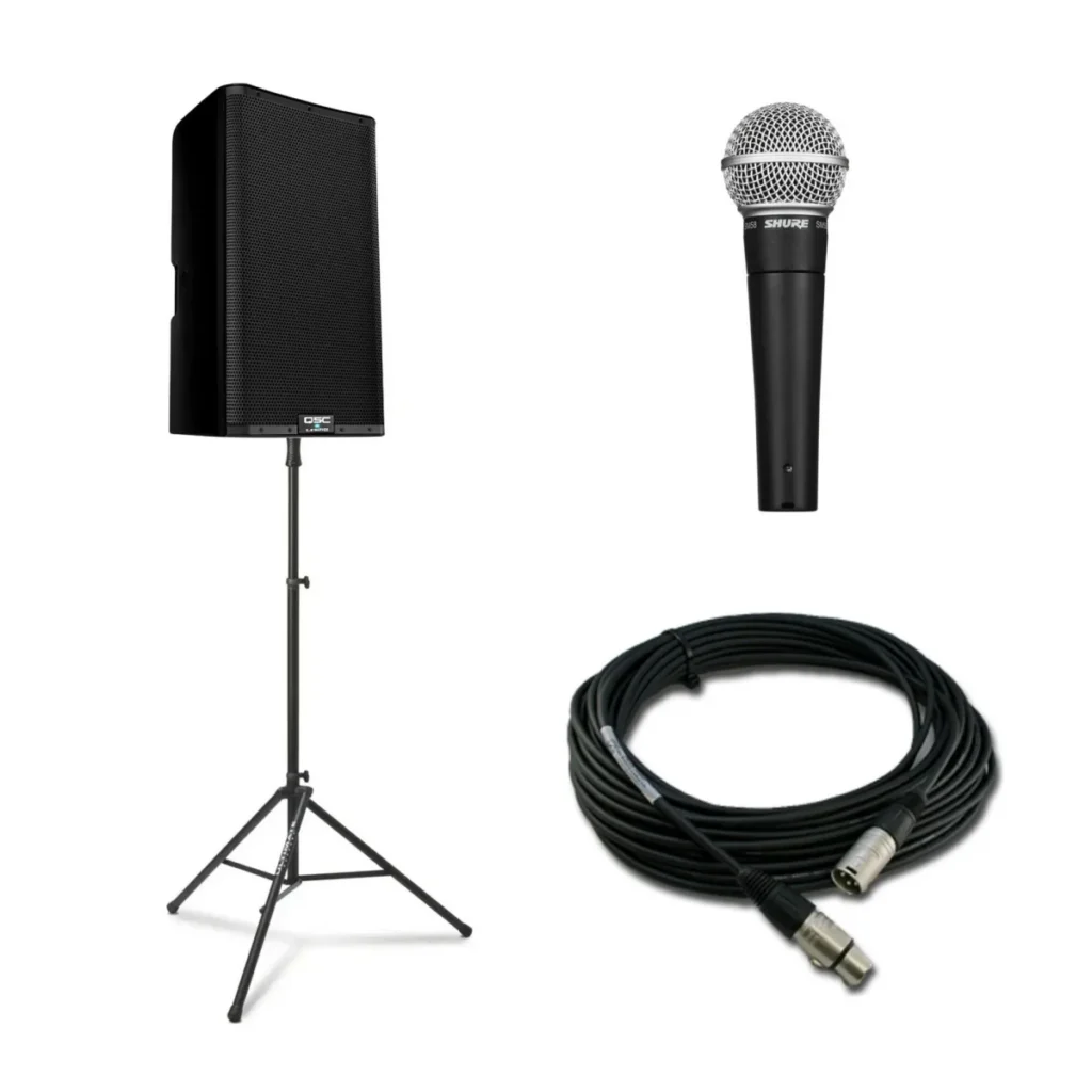 QSC K12.2 Speaker Package with the powered speaker on a tripod stand, Shure SM58 microphone and 25ft XLR cable