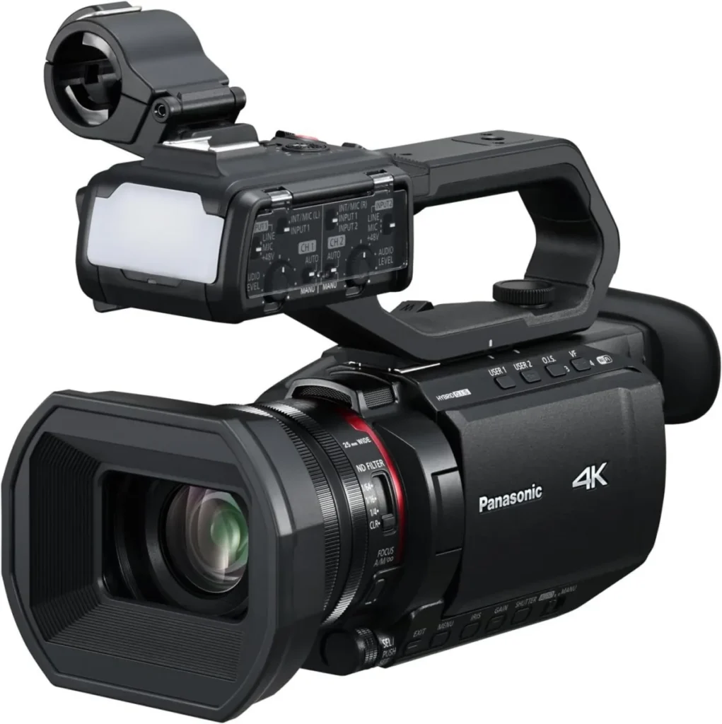 Panasonic HC-X2100 4K camcorder, front three-quarter view