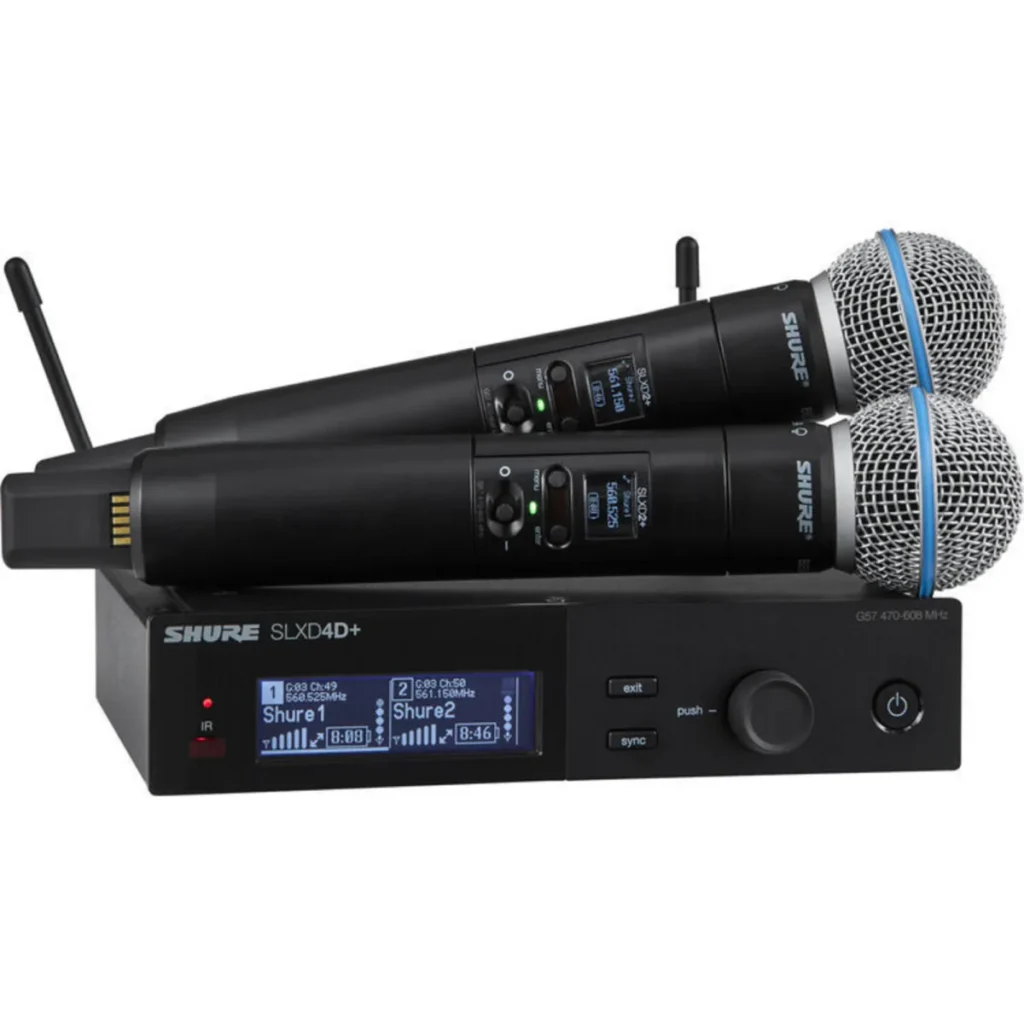 Shure SLXD24D+/B58 dual wireless system, receiver with two Beta 58A handhelds
