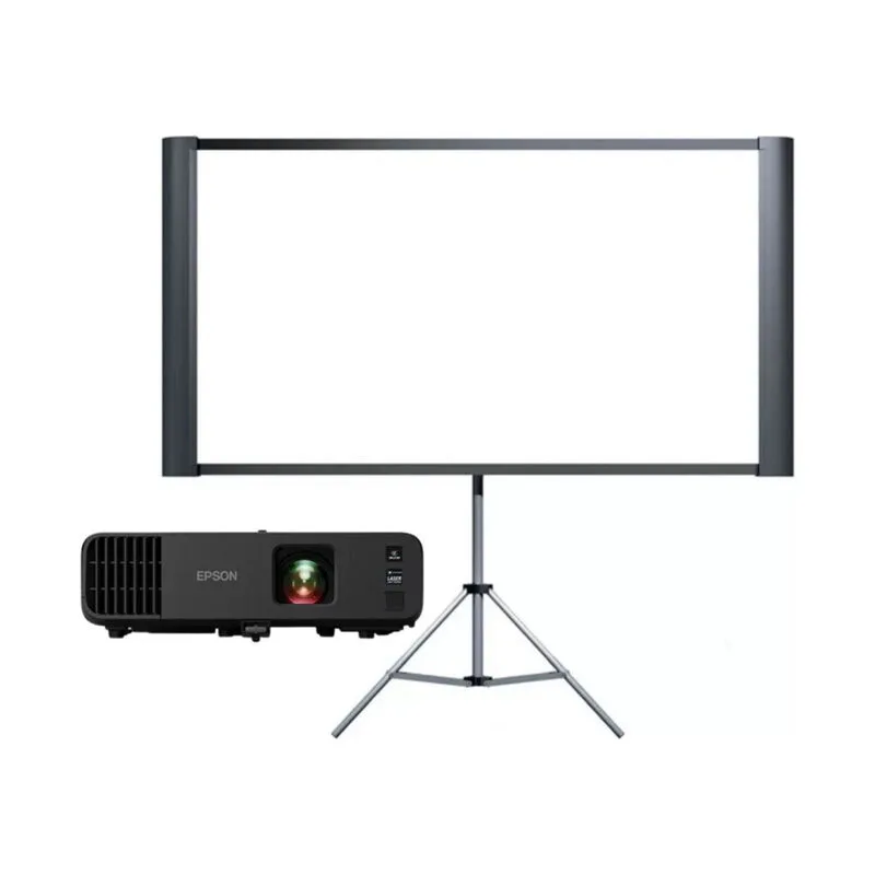 Epson Video Projector Package with the projector set up beside a tripod screen