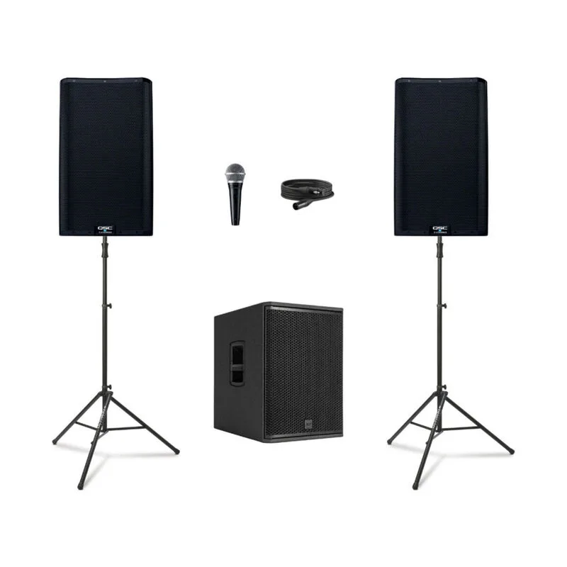 QSC Deluxe Package with two powered speakers on stands and a subwoofer