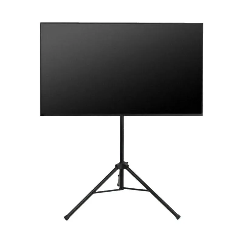 Freestanding tripod TV stand holding a large flat-screen display