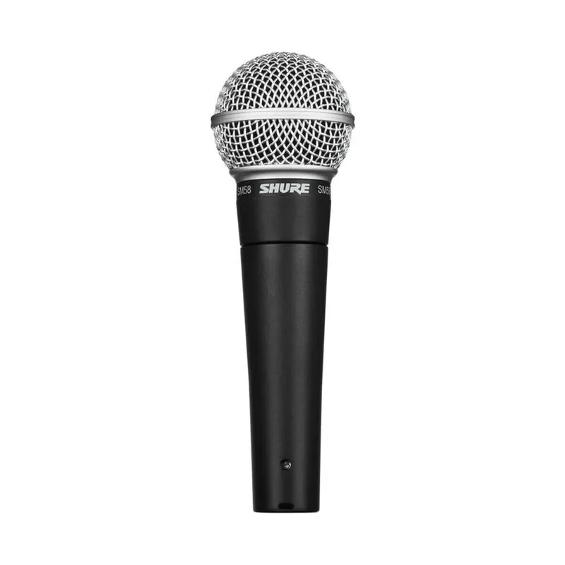 Shure SM58 dynamic vocal microphone, angled view showing the grille
