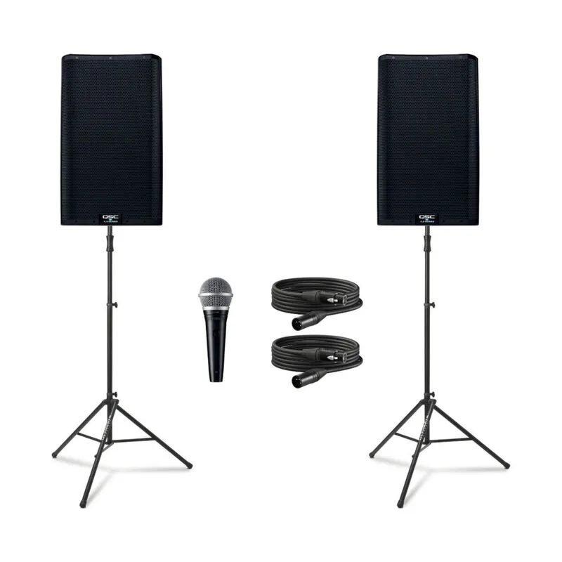 QSC K12.2 Event Package with two powered speakers on stands, microphone and cables
