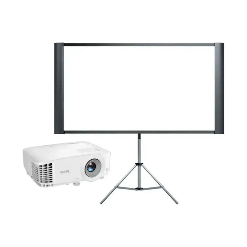 BenQ Video Projector Package with the projector beside a tripod screen
