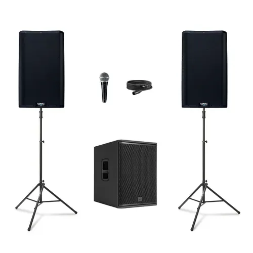 QSC Deluxe Package with two K12.2 speakers on stands, subwoofer, microphone and cables