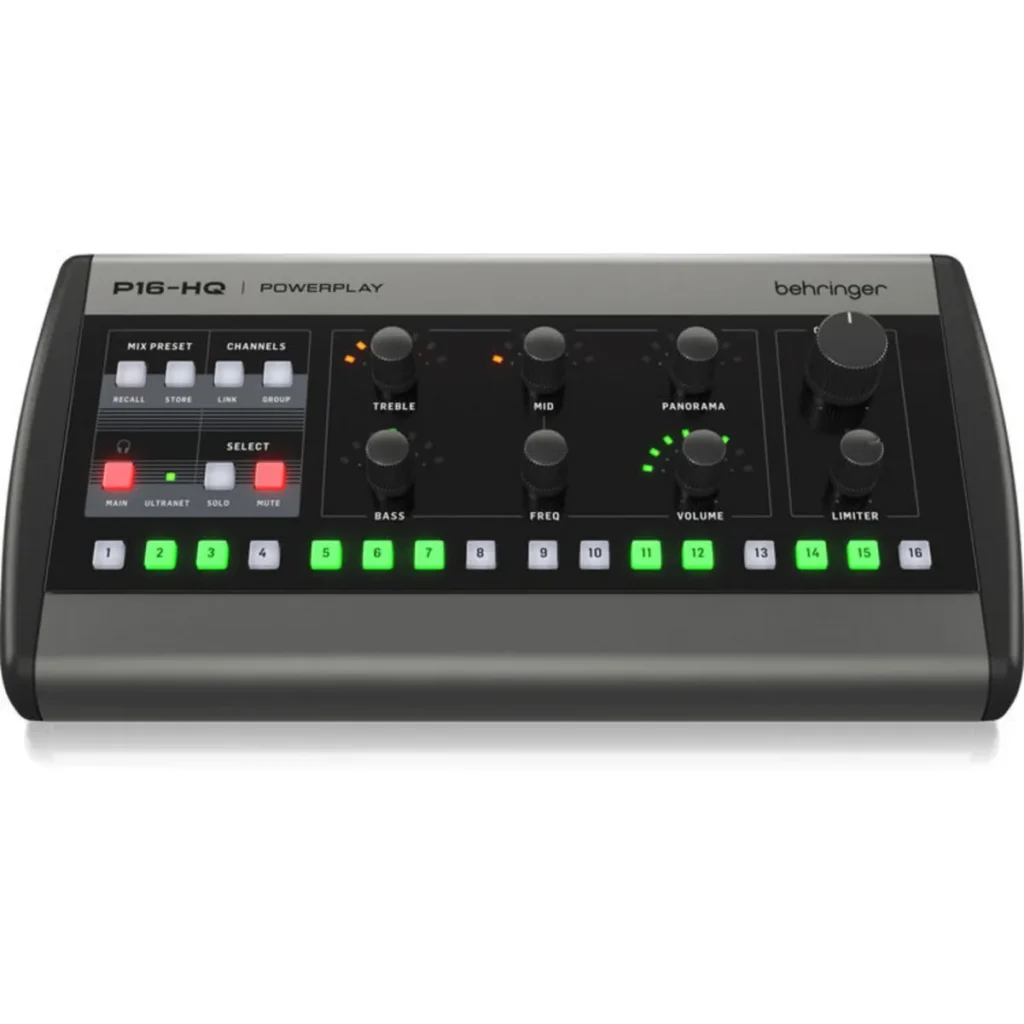 Behringer Powerplay P16-HQ personal monitoring mixer, top view with channel controls