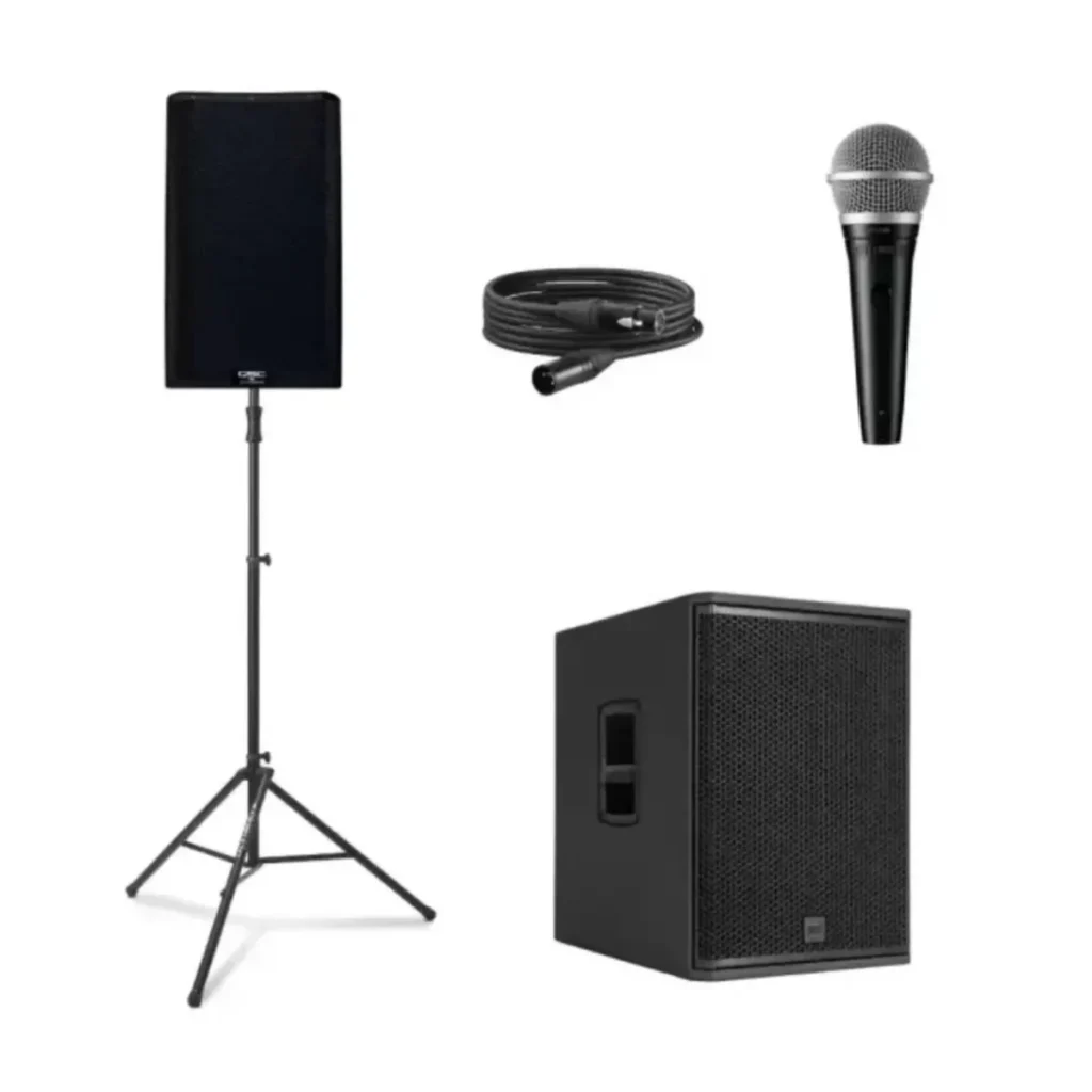 QSC K12.2 Basic Package with speaker on stand, microphone, subwoofer and cable