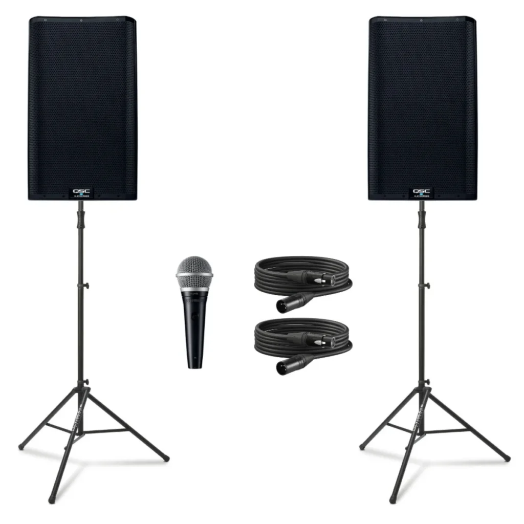 QSC K12.2 Event Package with two speakers on stands, microphone and cables
