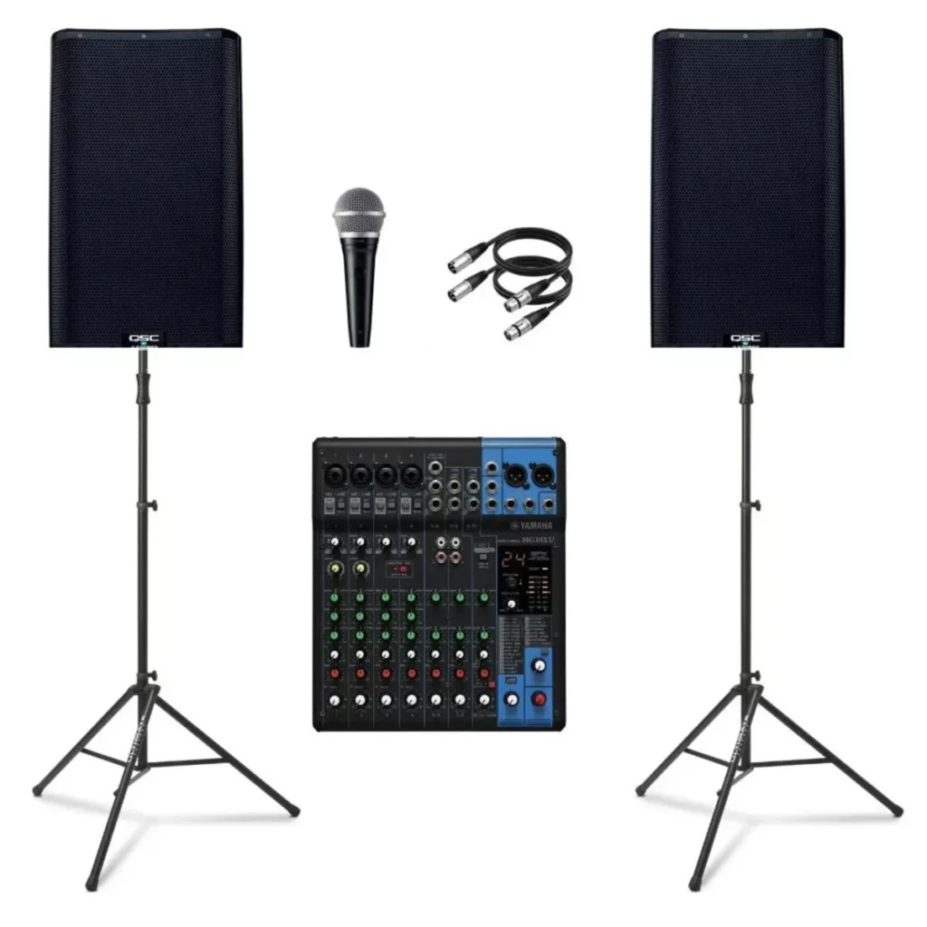Popular Music Sound Package with two QSC K12.2 speakers on stands, microphone, mixer and cables