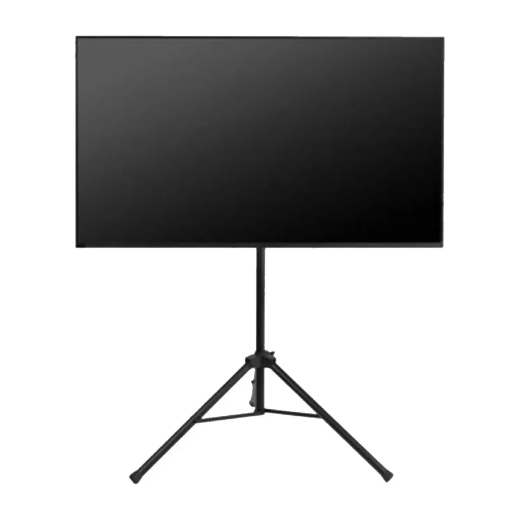 Freestanding tripod TV stand holding a large flat-screen display, front view