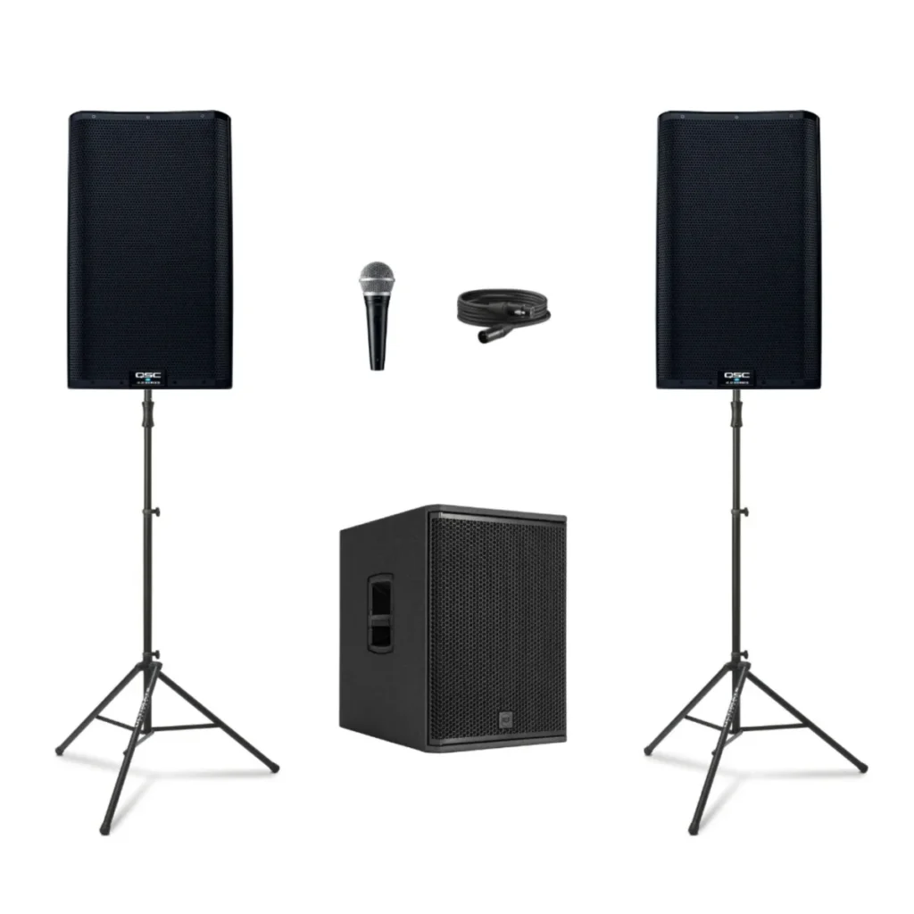 QSC Deluxe Package with two K12.2 speakers on stands, subwoofer, microphone and cables